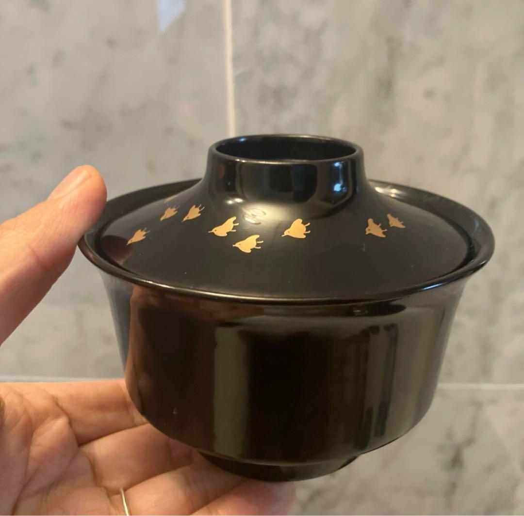 明治時代　金彩の絢爛豪華な千鳥や松、形が美しい木製輪島漆塗りお椀2客