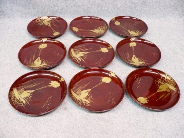 蒔絵 銘々皿 9枚 [B23818] 舟曳き図 漆器 漆芸 茶道具 菓子器