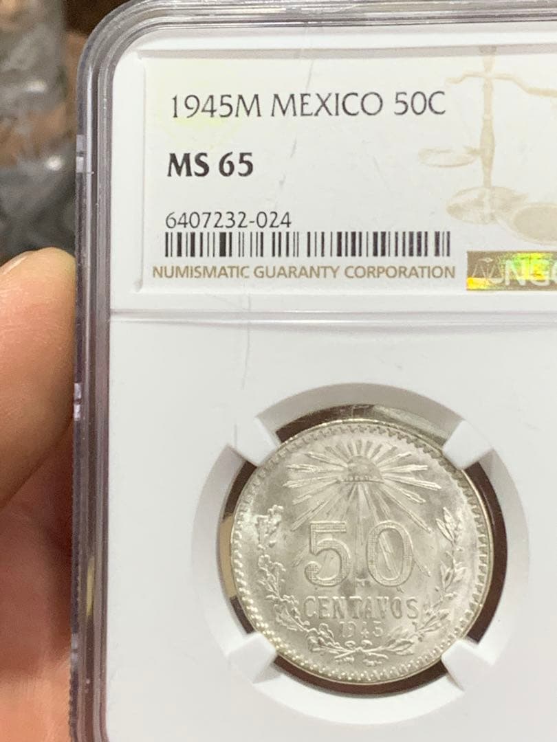 メキシコ1943年銀貨古銭、NGC/MS65 未使用　超美品非常に入手困難