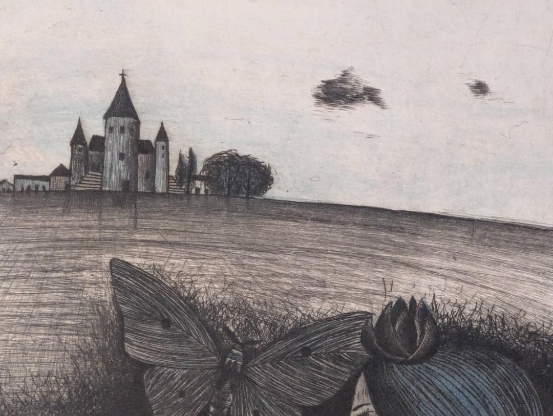 【真作】版画　加藤清治　銅版画　スペインの朝　蝶と少女の物語　Y124