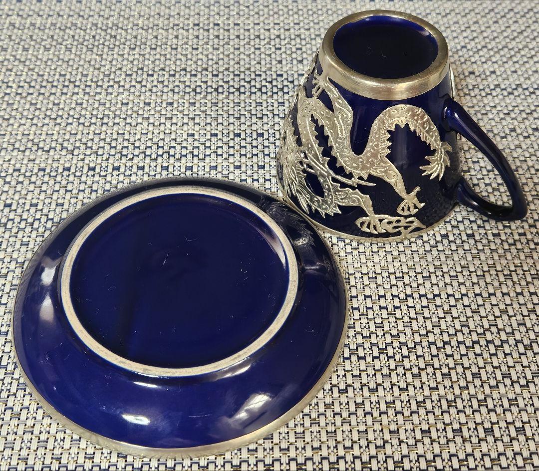 【華美❗】中国美術　瑠璃釉　錫廻し　玉取双龍の図　五爪の龍の図　カップ&ソーサー