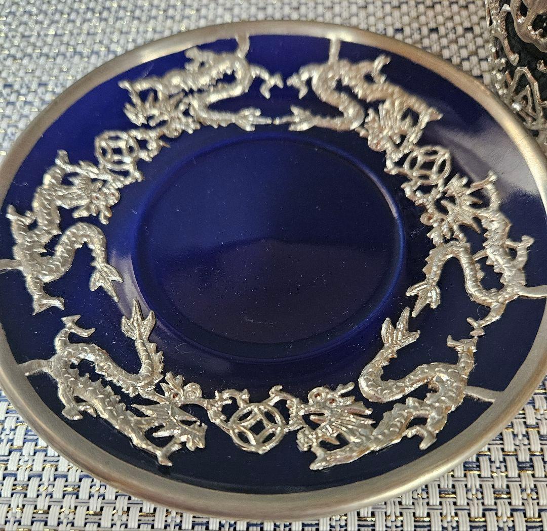 【華美❗】中国美術　瑠璃釉　錫廻し　玉取双龍の図　五爪の龍の図　カップ&ソーサー