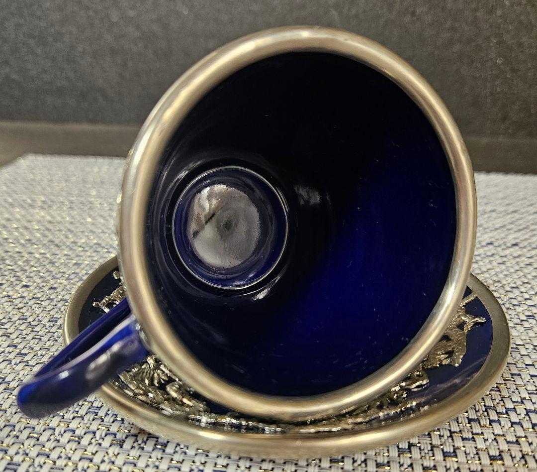 【華美❗】中国美術　瑠璃釉　錫廻し　玉取双龍の図　五爪の龍の図　カップ&ソーサー