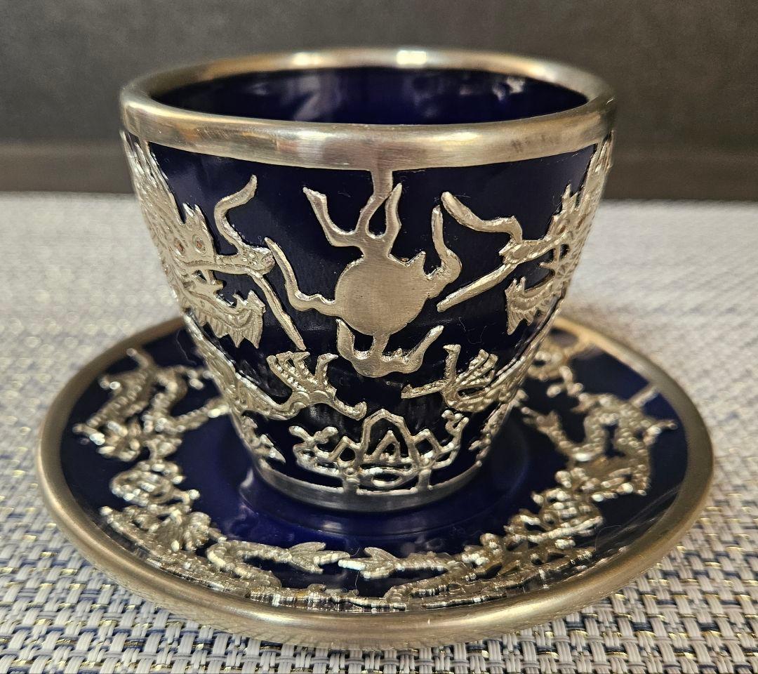 【華美❗】中国美術　瑠璃釉　錫廻し　玉取双龍の図　五爪の龍の図　カップ&ソーサー