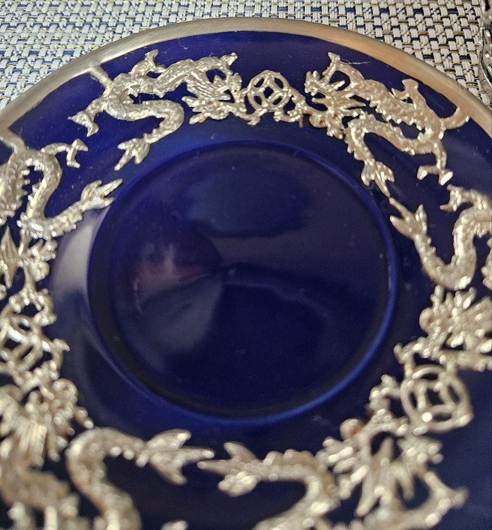 【華美❗】中国美術　瑠璃釉　錫廻し　玉取双龍の図　五爪の龍の図　カップ&ソーサー