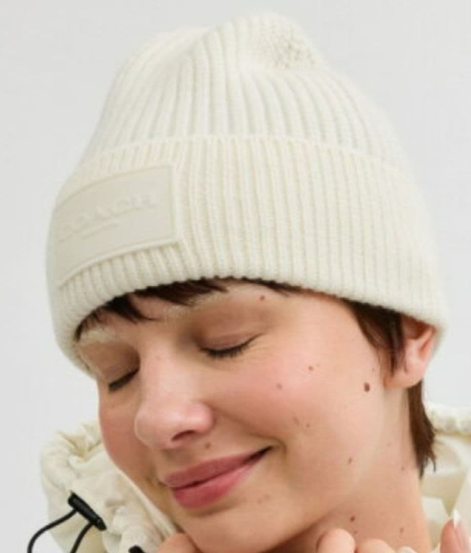 値引き!試着のみ COACH コーチ ニット帽 ニットキャップ ビーニー 白