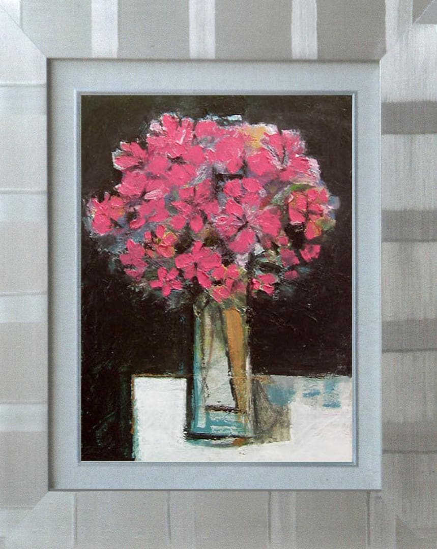 油絵 菅家令子 絵 絵画インテリア 額付(青緑＋金色の枠)uF6-113602花