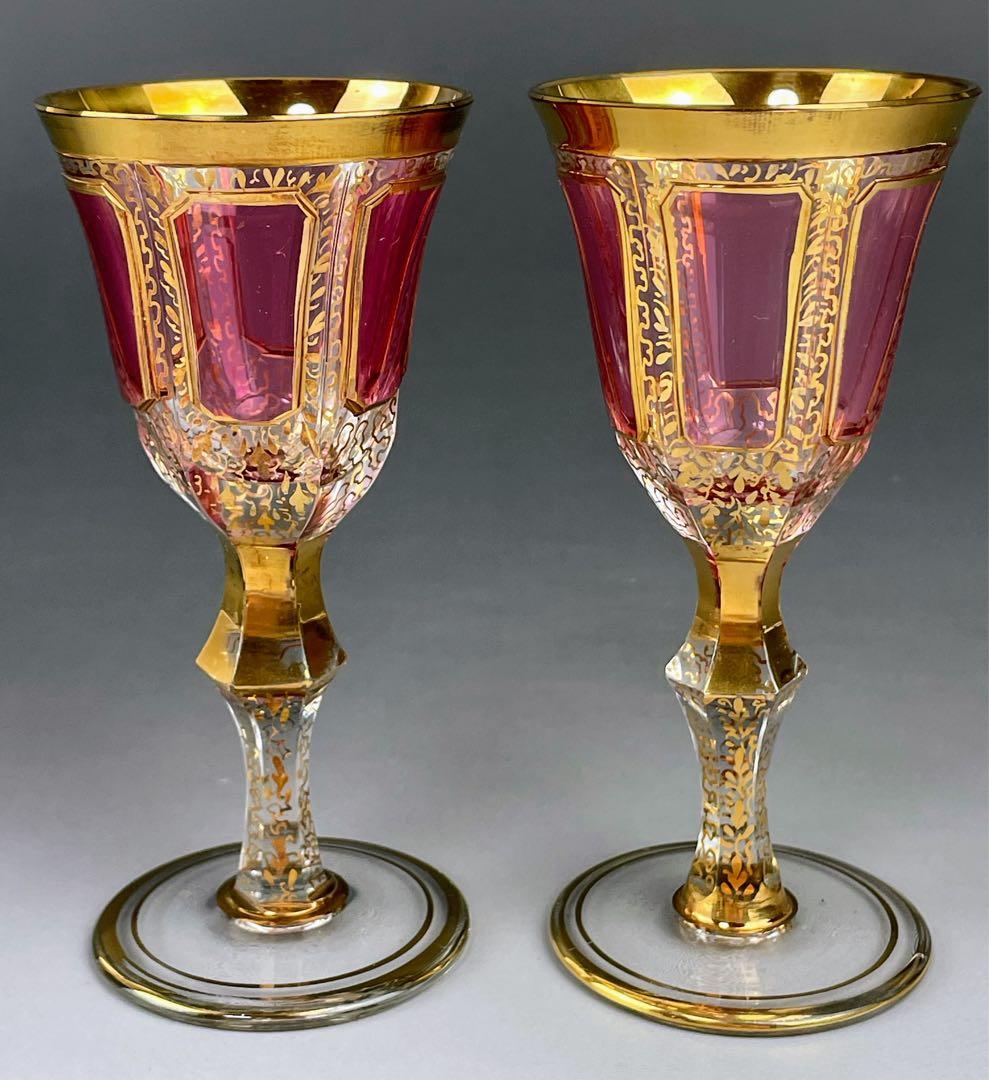 ボヘミア パネルグラス ２個セット クランベリー被せ ワイングラス クサック