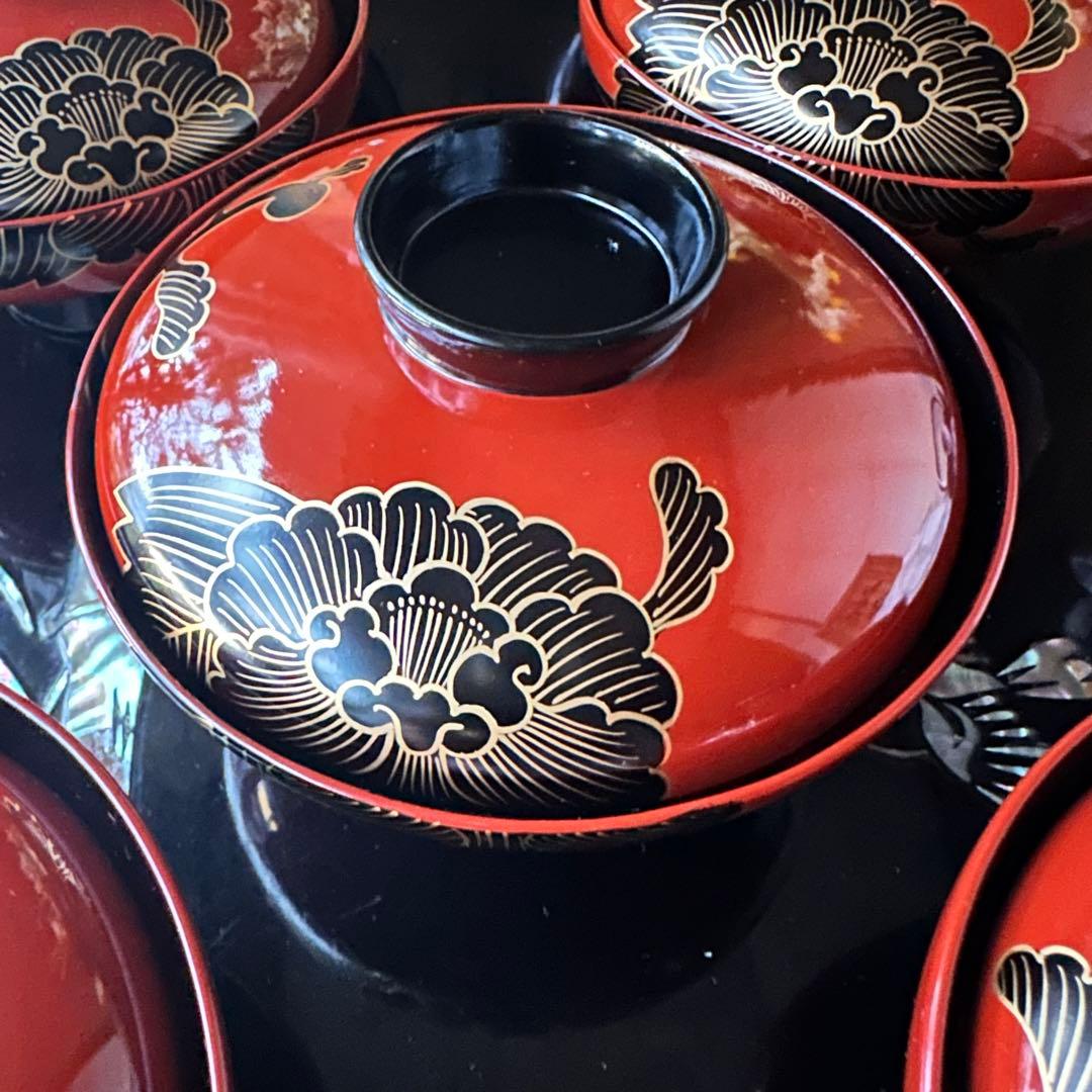 2208様感謝‼️洗朱❌黒JAPAN輪島蒔絵牡丹　独楽椀天然木本漆特製吸物椀5客