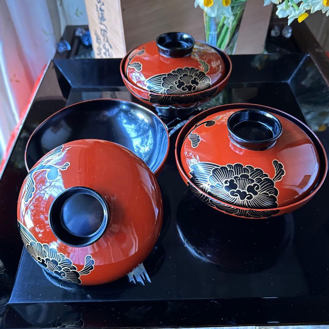 2208様感謝‼️洗朱❌黒JAPAN輪島蒔絵牡丹　独楽椀天然木本漆特製吸物椀5客