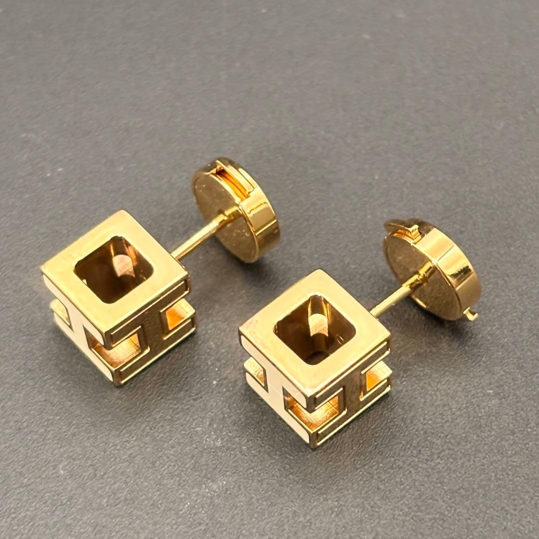 HERMES カージュドアッシュ Hキューブ ホワイト ゴールド ピアス