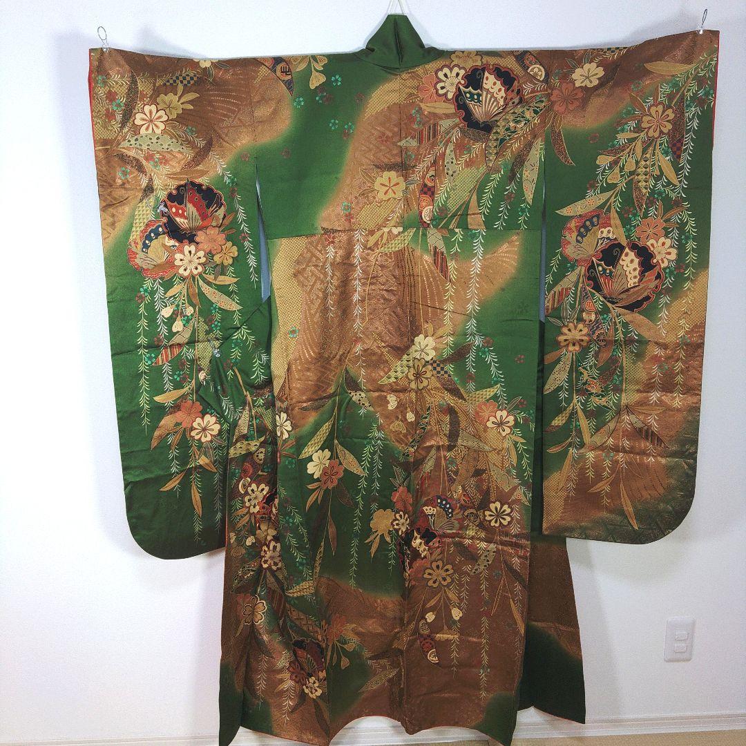 振袖　完全フルセット　24点　成人式　結婚式　前撮り　グリーン　緑　蝶々　美品