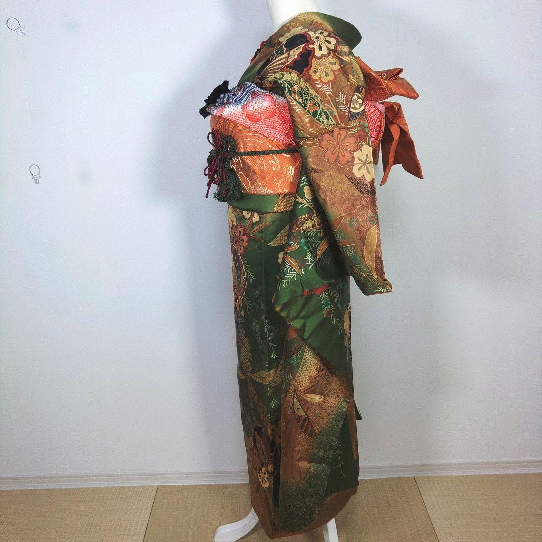 振袖　完全フルセット　24点　成人式　結婚式　前撮り　グリーン　緑　蝶々　美品