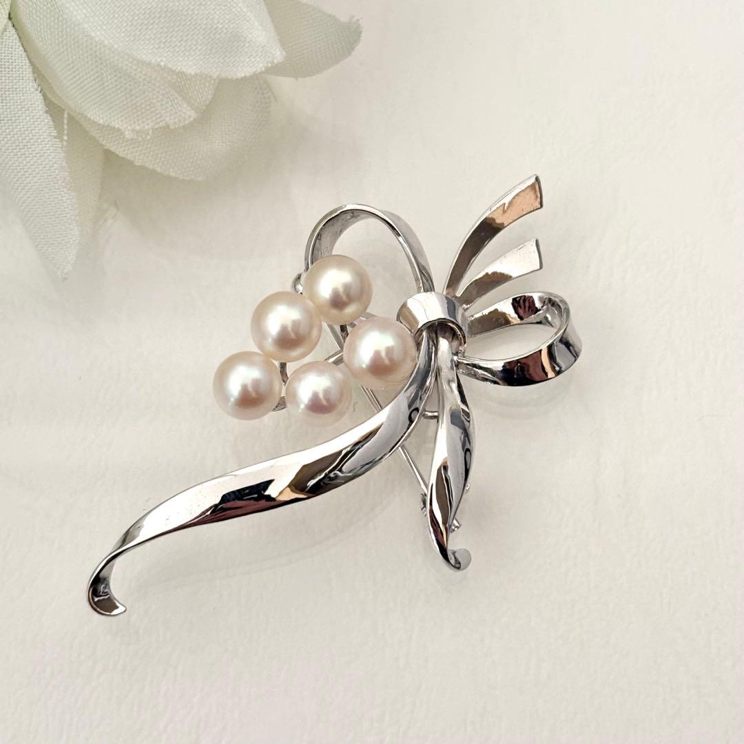 248【ミキモト】シルバー　パール　ブローチ　リボン　花束