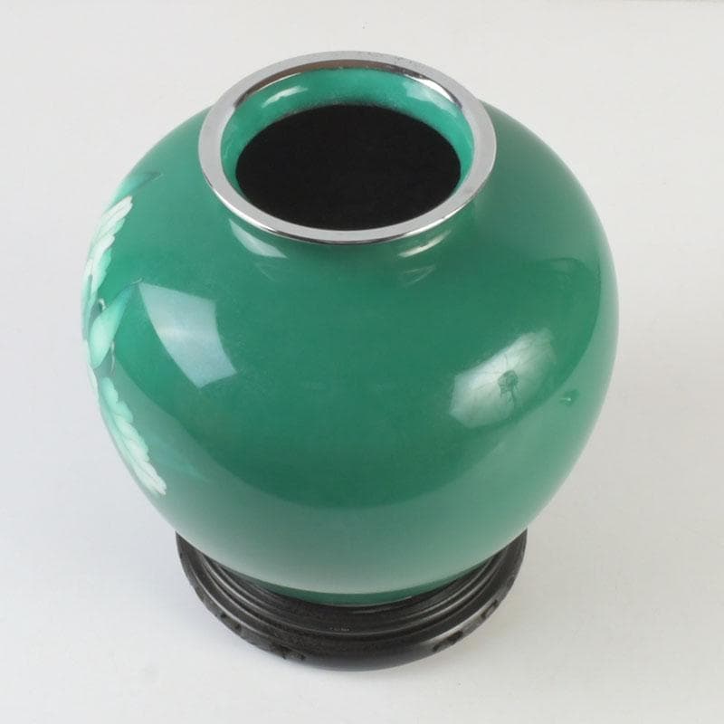 七宝焼　緑釉　花文　花瓶　唐木台付　共箱　V　9833A