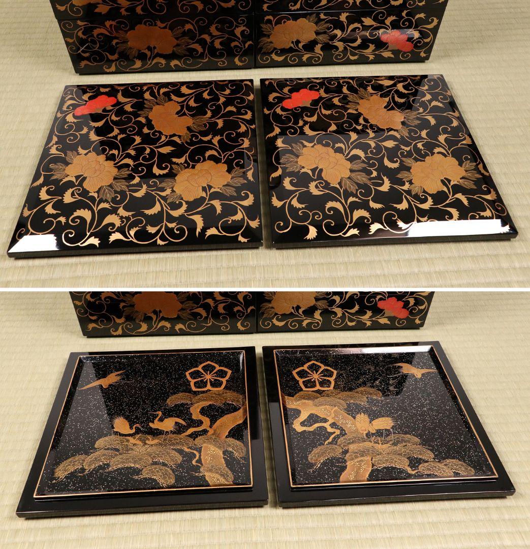 時代 牡丹唐草金蒔絵 黒塗 梨地 五段重 重台 桔梗紋 松鶴 共箱【MA120】