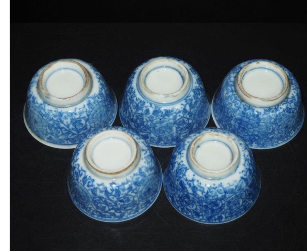 送料無料明治時代　印判　青華煎茶碗5客　検/楽山紫砂九谷備前萩焼常滑宝生伊万里