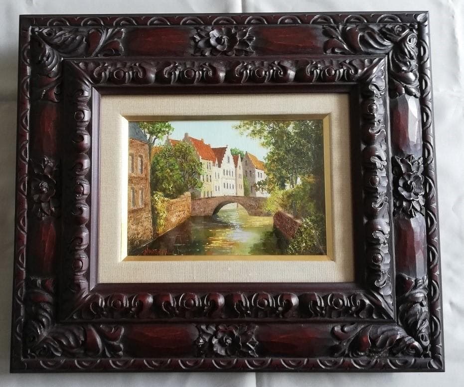 今関アキラコ油彩古都ブルージュ額サイズ（約４６５Ｘ３９５ｍｍ）