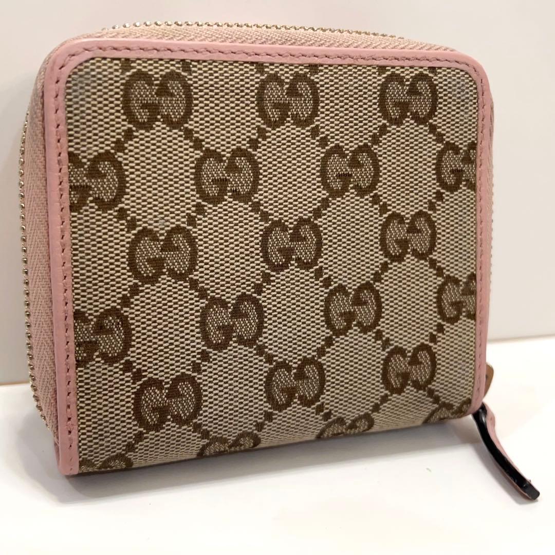 グッチ 折り財布 GGキャンバス GG ラウンドファスナー コンパクト ピンク