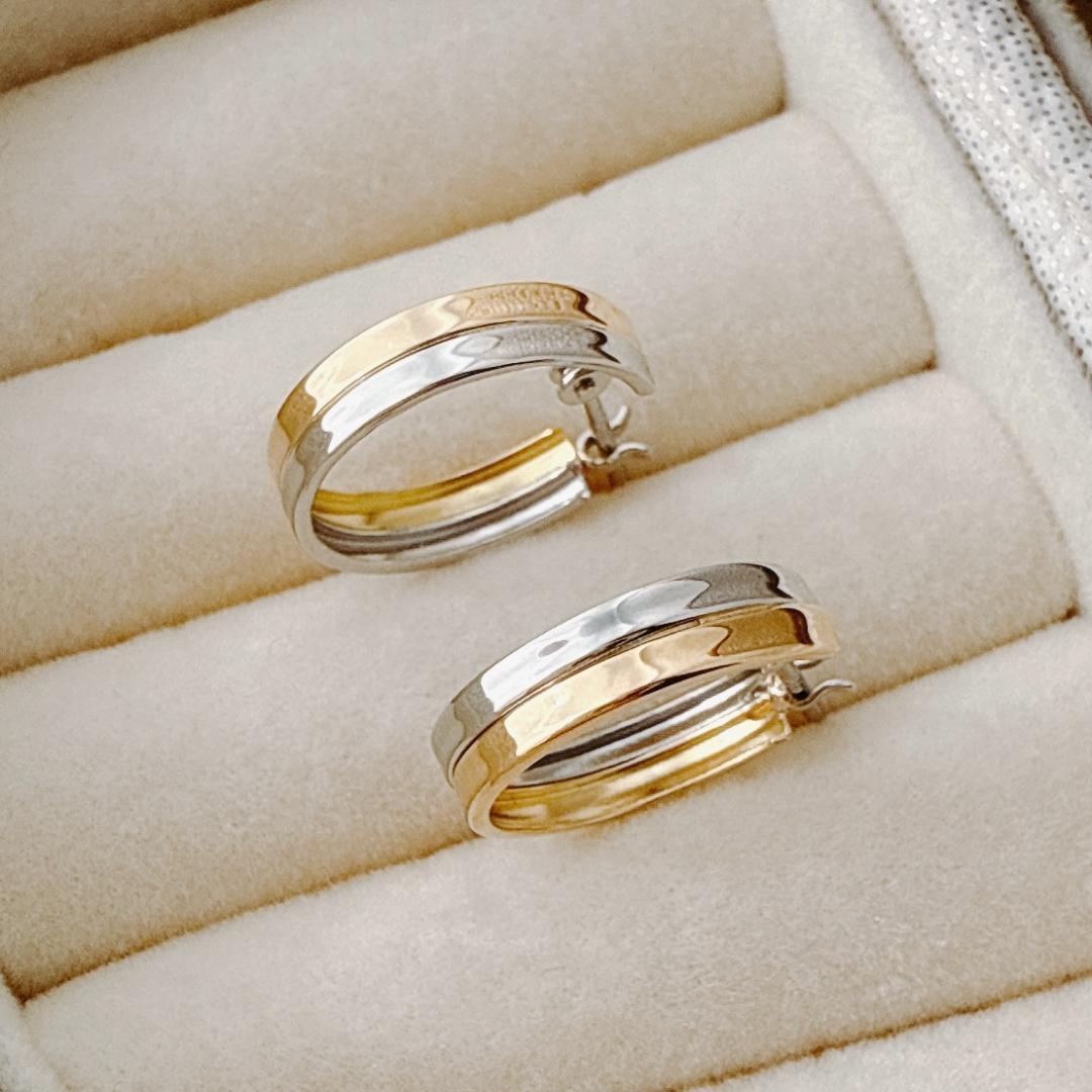 18金+プラチナ【2連コンビフープピアス】刻印入 日本製 ペア 新品！