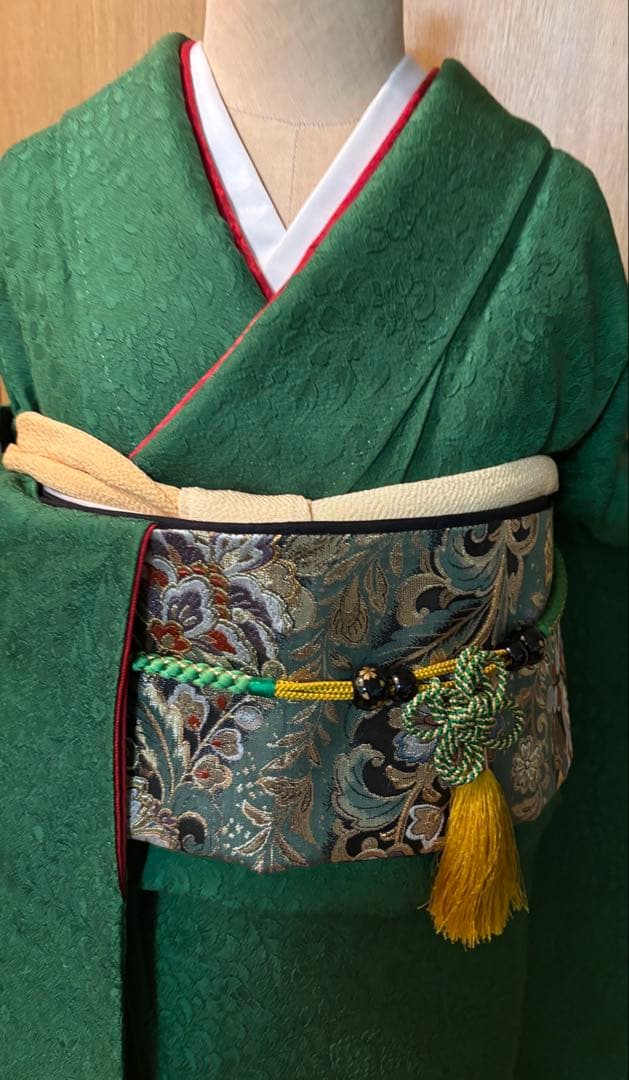 正絹　辻ヶ花地文　正絹無地振袖 花紋　トールゆったりサイズ エメラルドグリーン