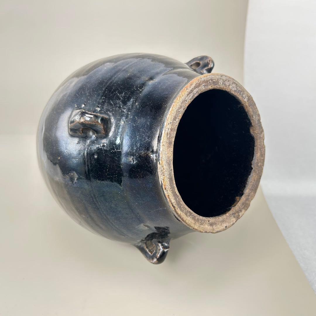 李朝初期 黒高麗壷 黒釉 李朝 壷 伝世品焼物 骨董 古玩 朝鮮 四耳瓶