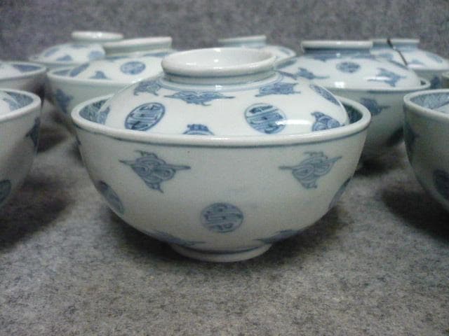 古伊万里 丸寿文 染付 蓋茶碗 10個 [B31378]