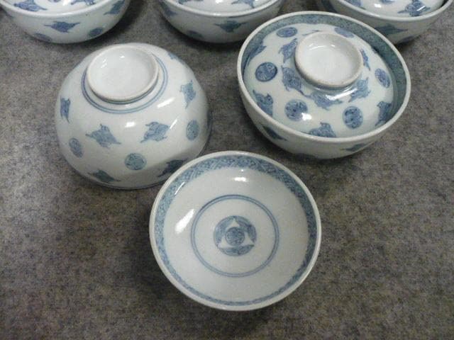 古伊万里 丸寿文 染付 蓋茶碗 10個 [B31378]