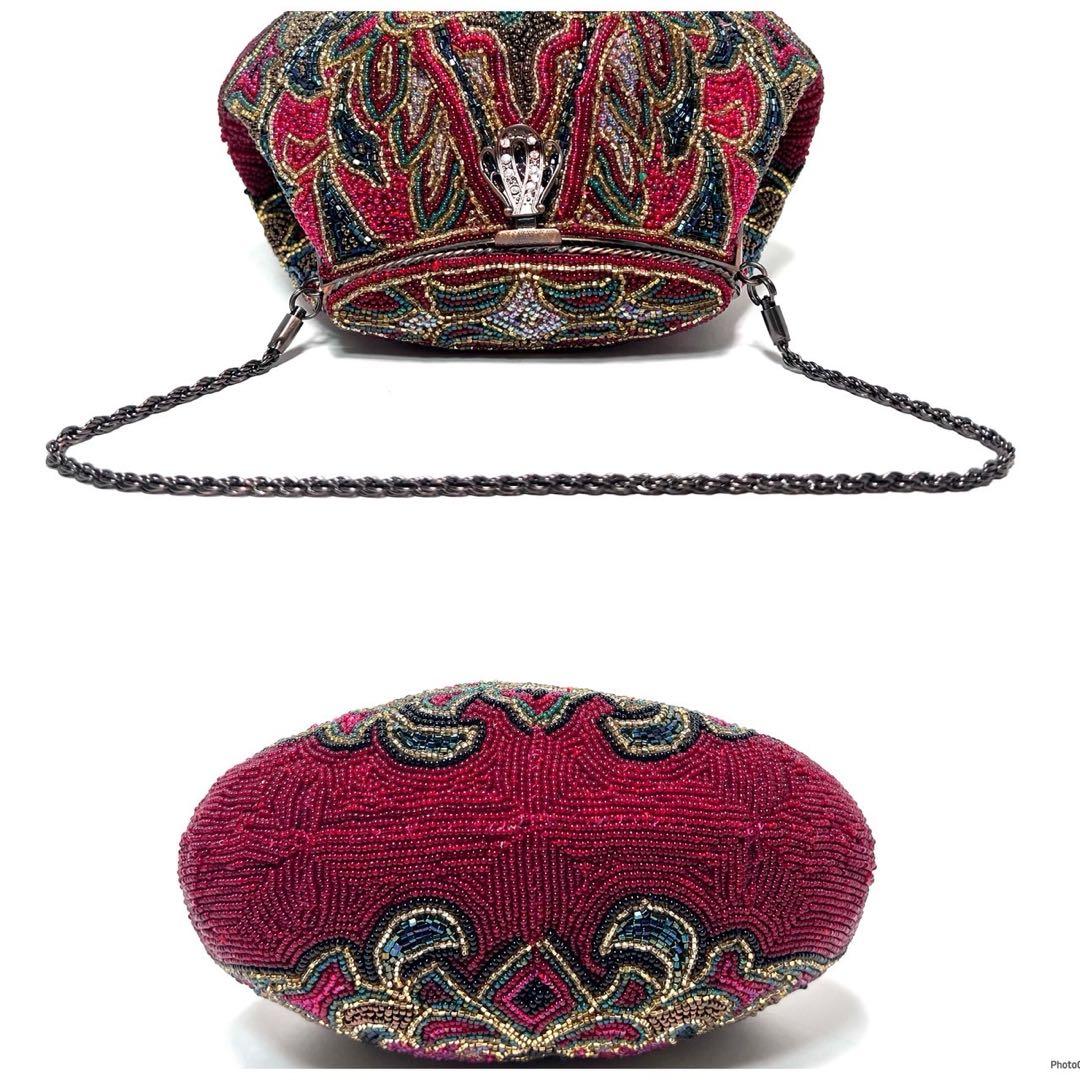 【美品】ビーズ総刺繍/ラインストーン/ ビジュー/口枠式/赤系色/ビーズバッグ