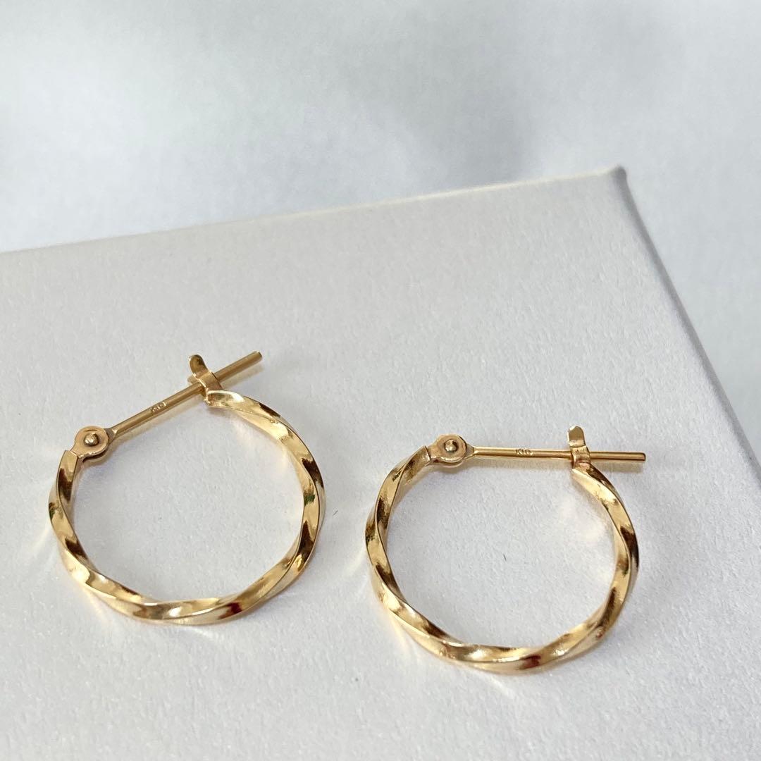 【未使用・箱付】L&Co. K10 フープピアス｜ひねり ゴールド