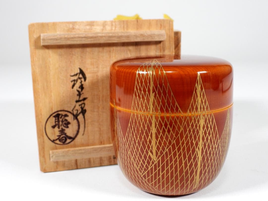 塗師 聡春 作 春慶塗 千網蒔絵 利休棗 共箱 煎茶道具