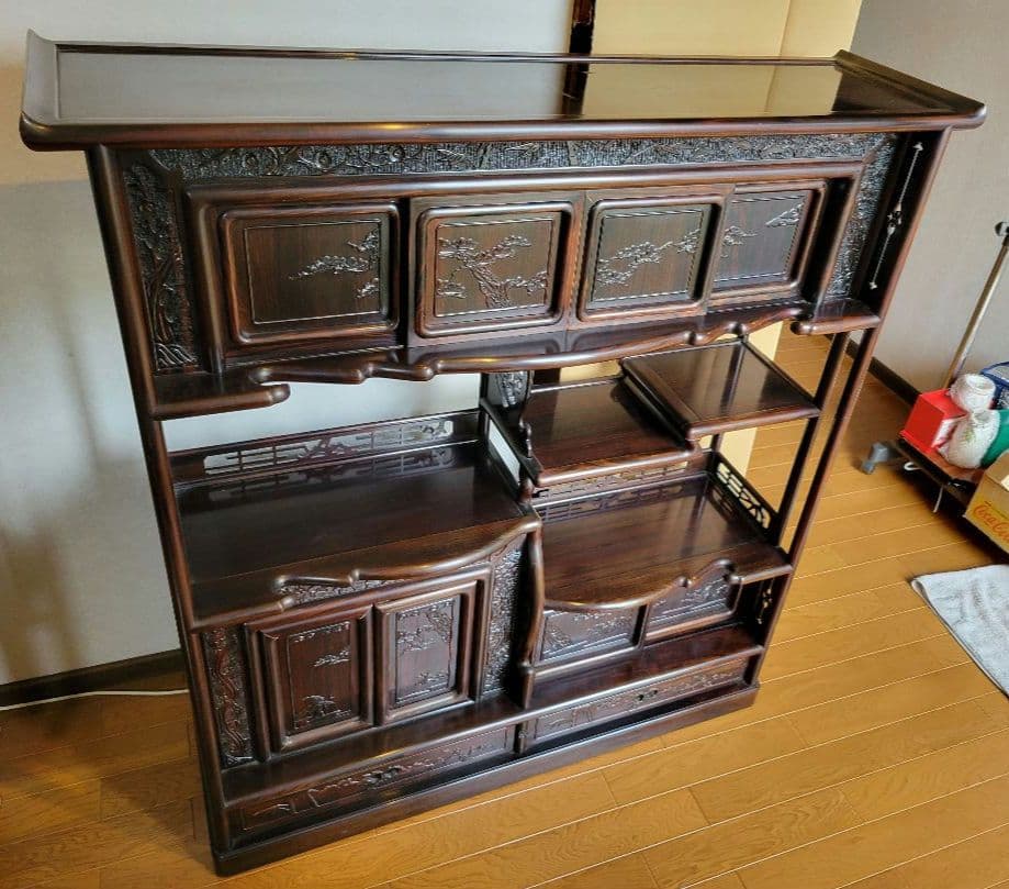 アジアンスタイル 木製棚 引き戸&観音扉付き