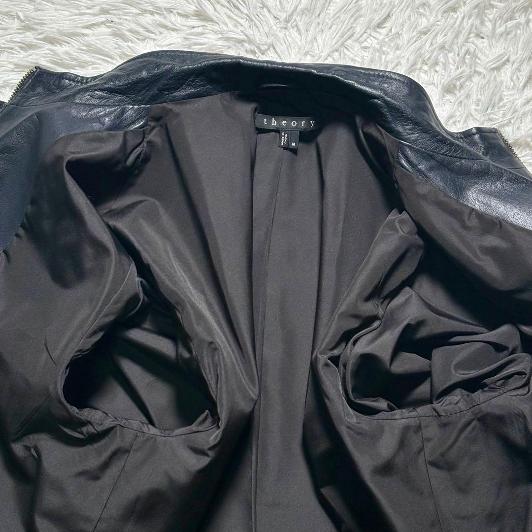 【美品】Theory 羊革　シングルライダースジャケット　紺　M シープレザー