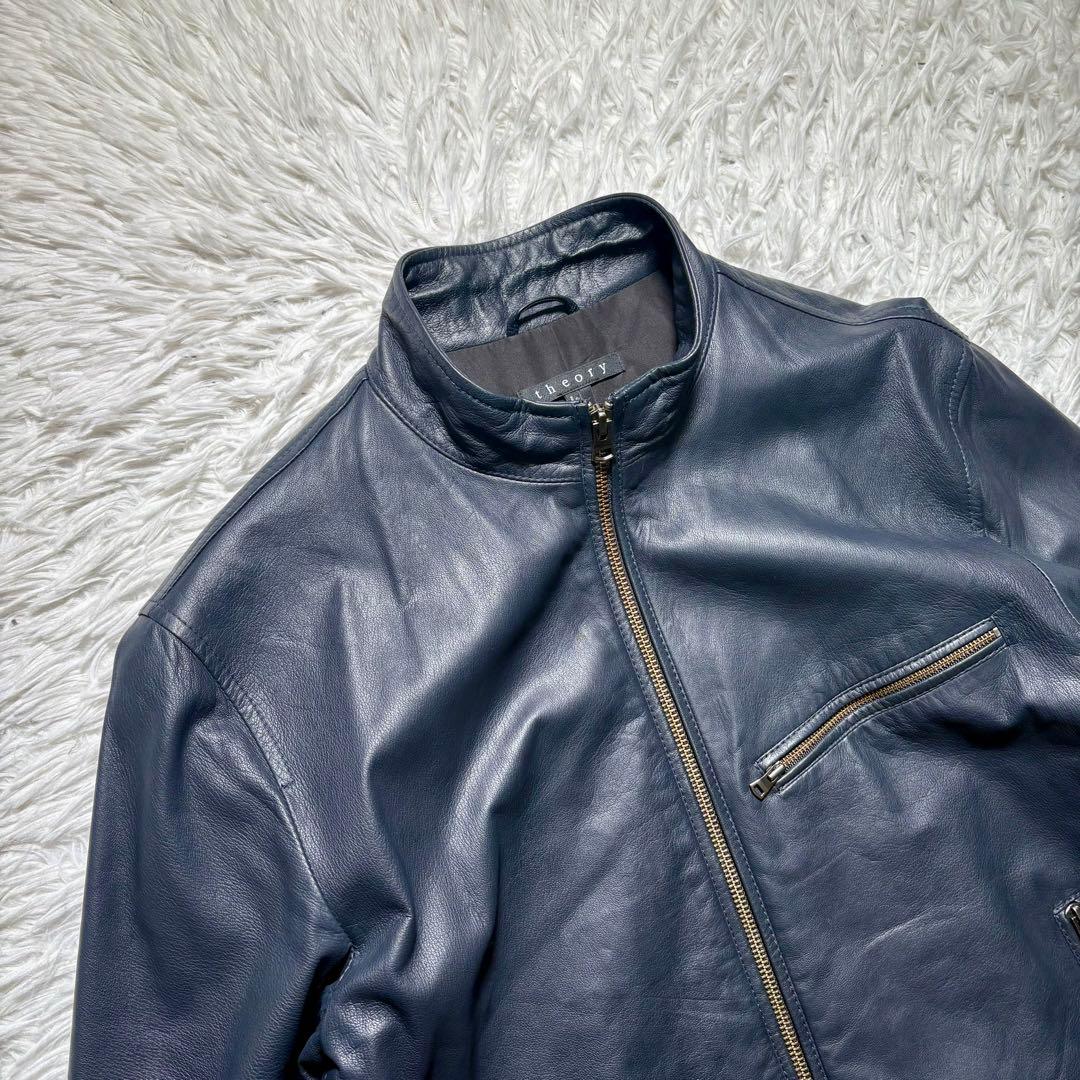 【美品】Theory 羊革　シングルライダースジャケット　紺　M シープレザー