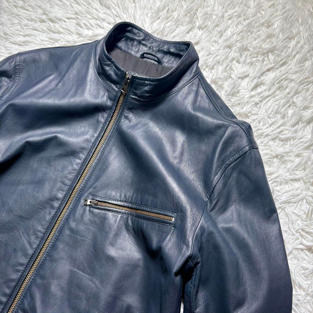 【美品】Theory 羊革　シングルライダースジャケット　紺　M シープレザー