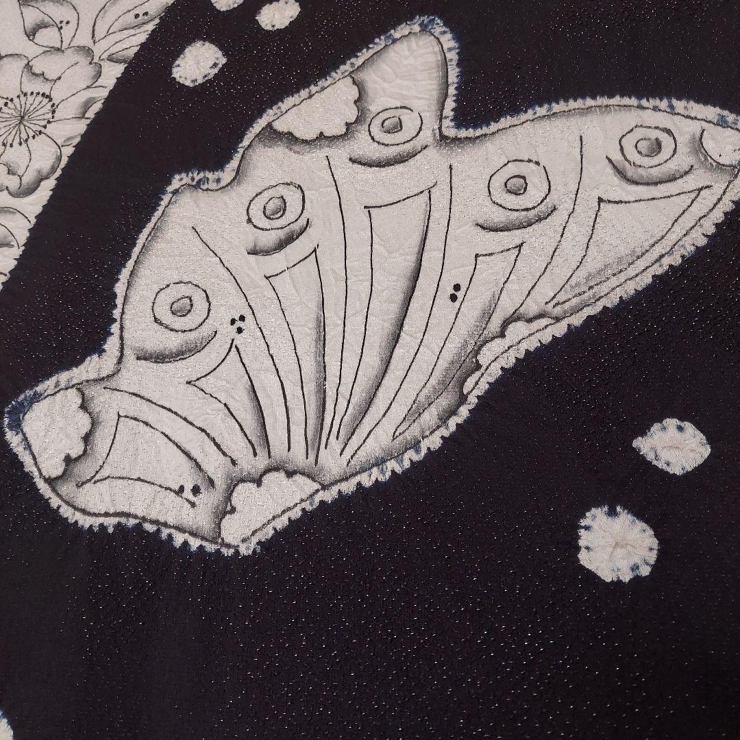 正絹振袖 蝶と辻ヶ花模様 黒と白 帯揚げ 帯締め 重ね襟 髪飾り