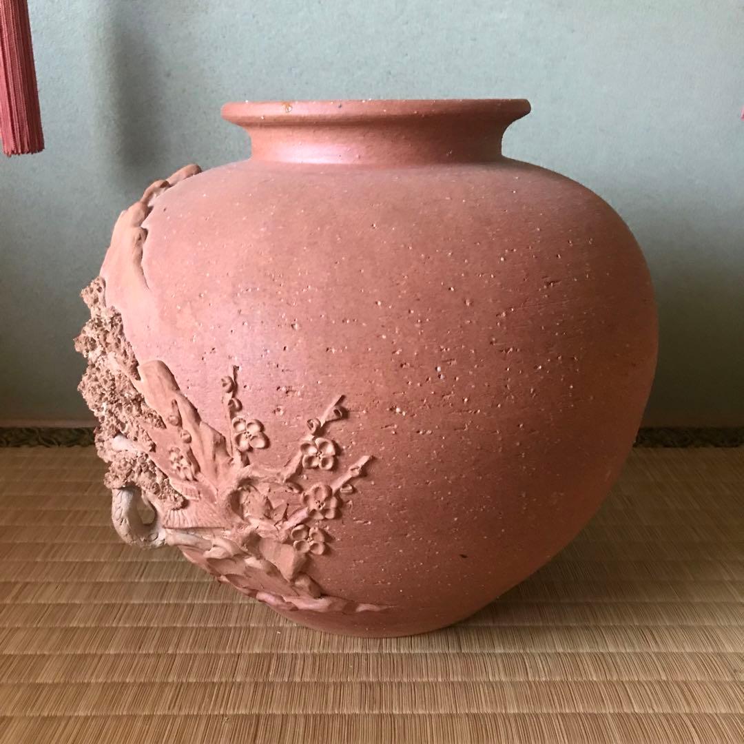 希少 特大 信楽焼 紫郎作 山水 立体 彫刻 丸壺 花瓶