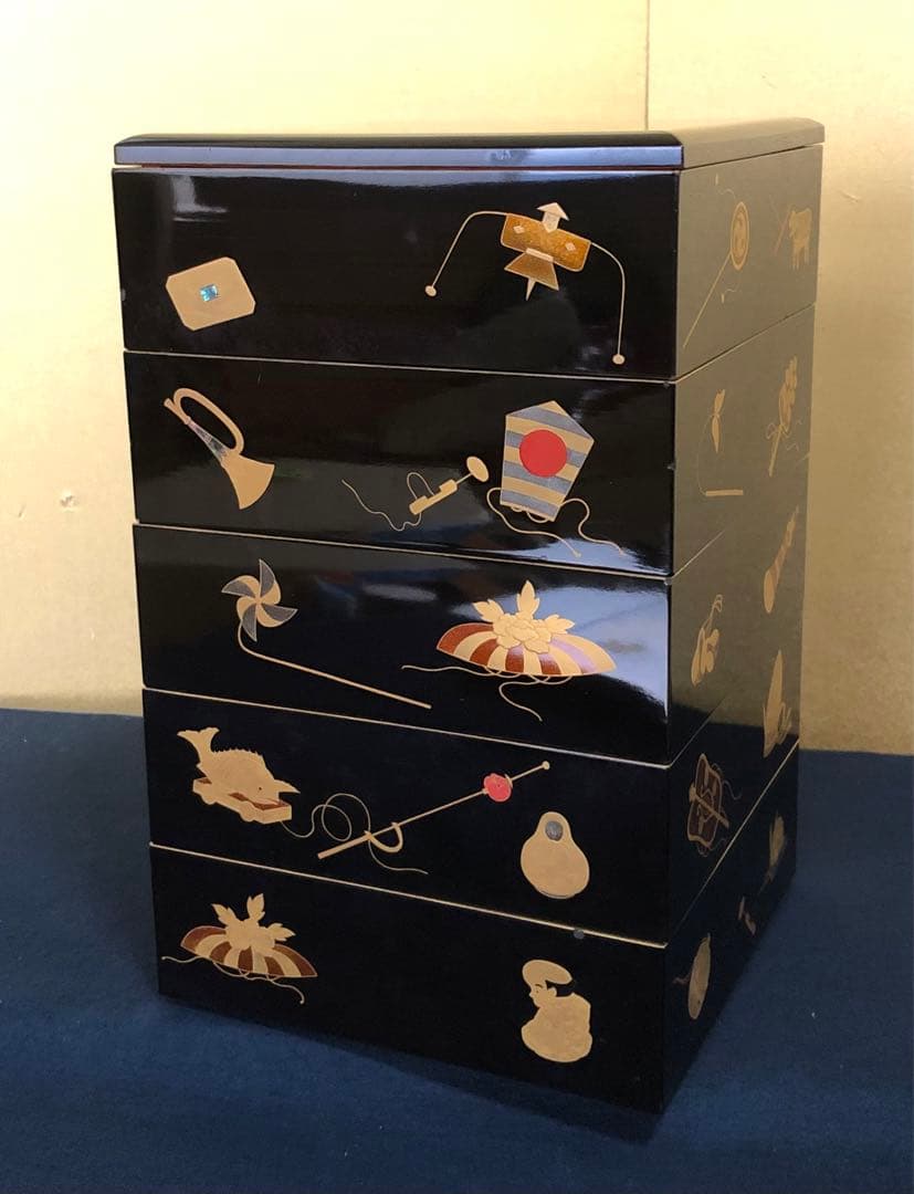 《R》玩具蒔絵 五段重 替蓋 重台付 在銘 木箱 時代 251204お3