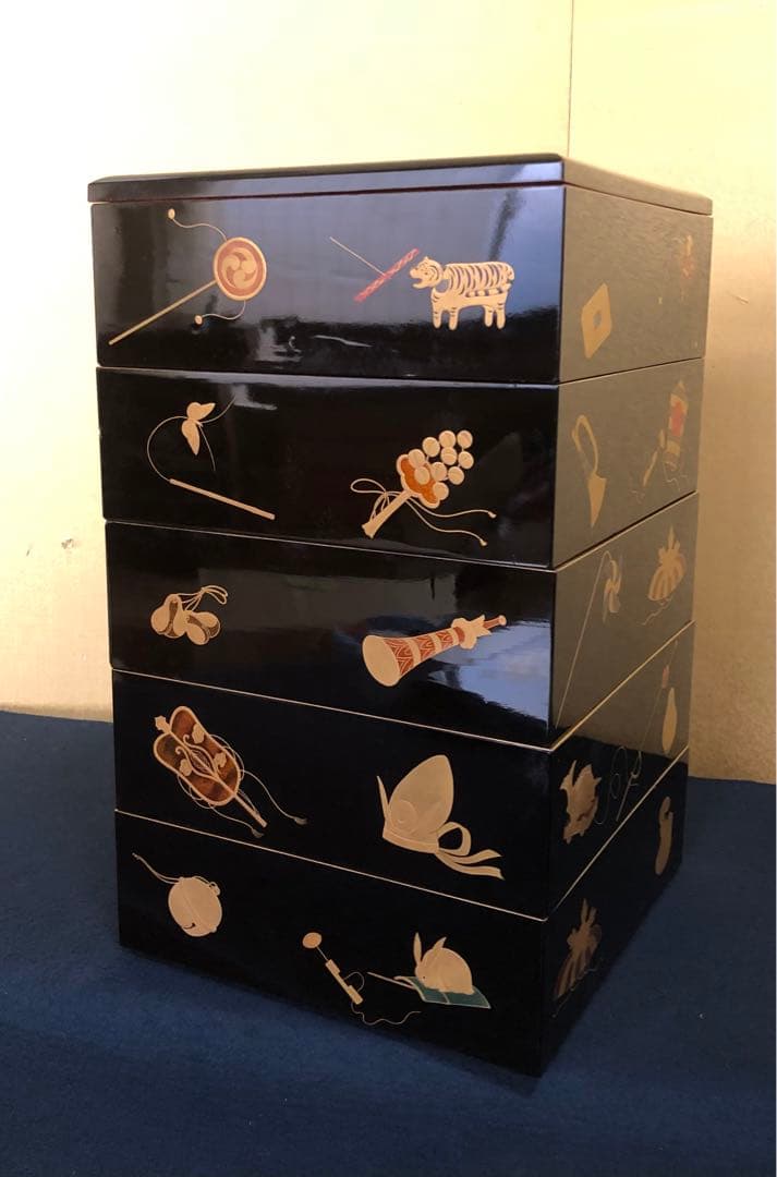 《R》玩具蒔絵 五段重 替蓋 重台付 在銘 木箱 時代 251204お3