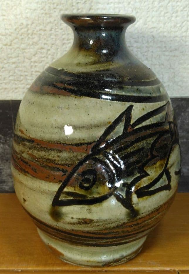 人間国宝 金城次郎 徳利 栞 共箱 美品 壺屋焼 壷屋焼 魚紋徳利 やちむん