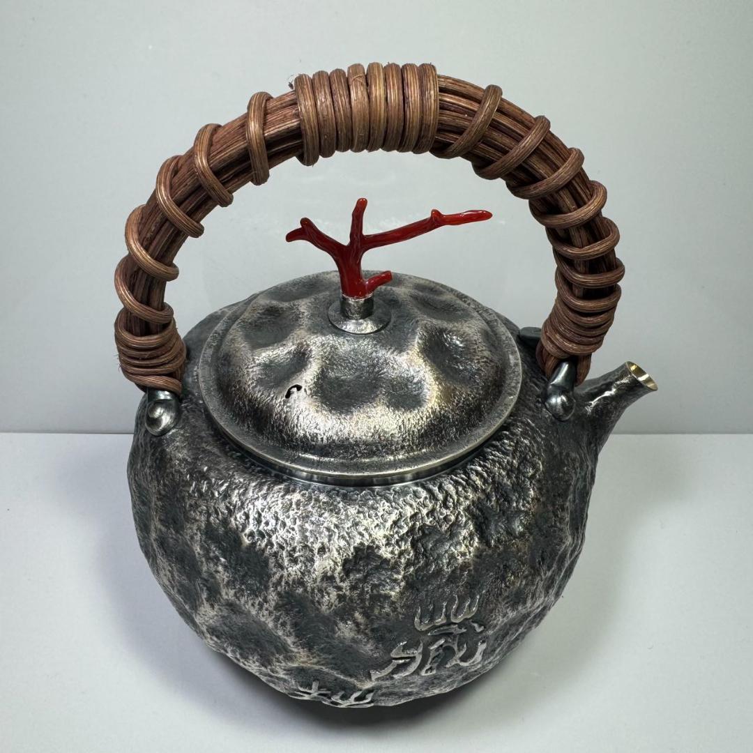 純銀製 一晃斎造 藏拙 貴石摘 藤手 湯沸 古美術品 銀瓶 純銀保証