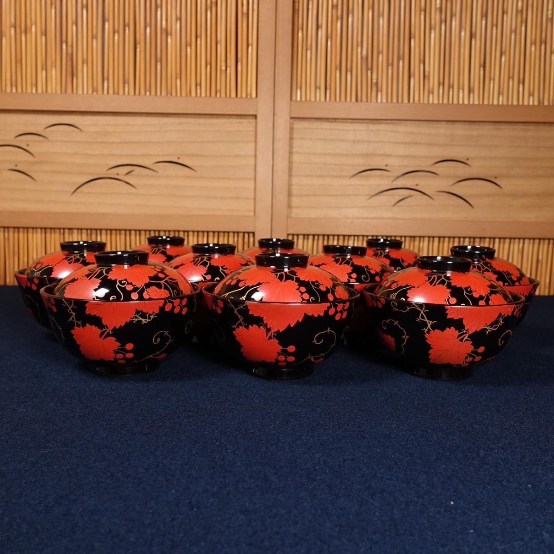 上品な逸品 天然木製漆器 紅葉蒔絵 吸物椀 10客 木箱付