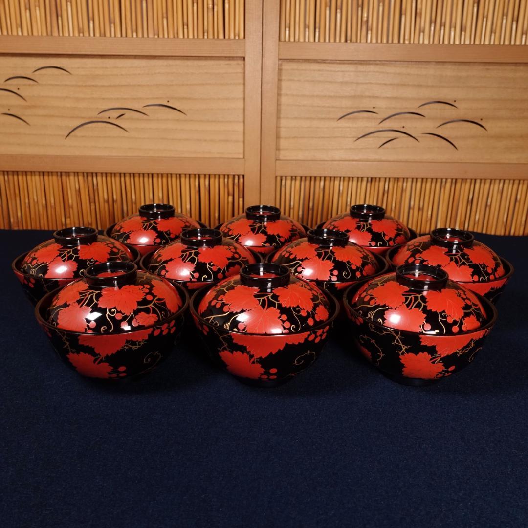 上品な逸品 天然木製漆器 紅葉蒔絵 吸物椀 10客 木箱付