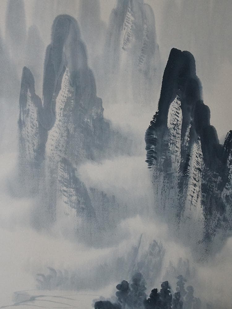 【画】　★ 字画 紙本水墨山水漁猟掛軸 ★　作家物　崇山老樹 肉筆保証　近代書画