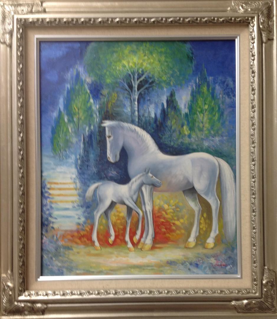 笠野大介 絵画 油絵 肉筆油絵 動物画 白馬の親子 F8