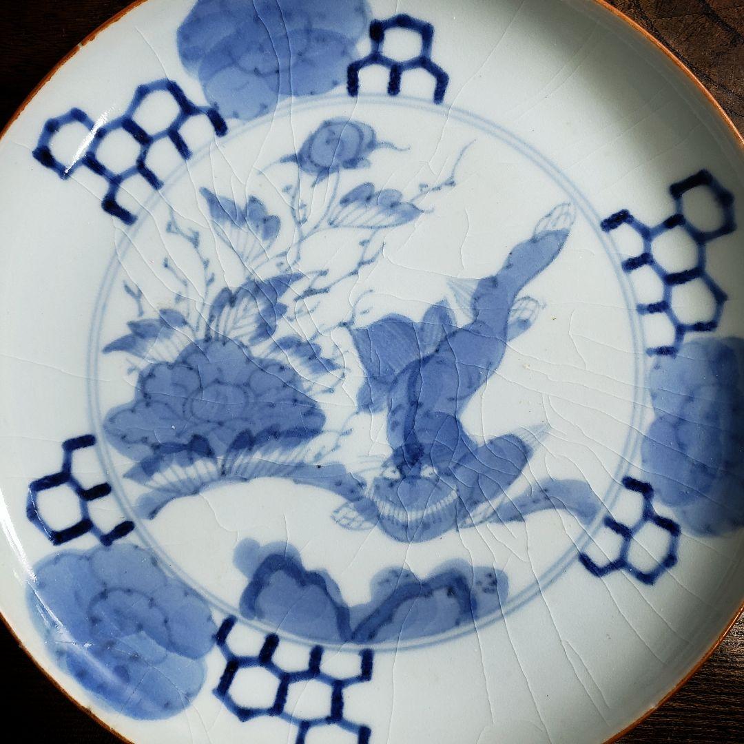 皿　染付　獅子　古伊万里　亀甲　牡丹　薊文様　江戸　訳あり　欠け直し