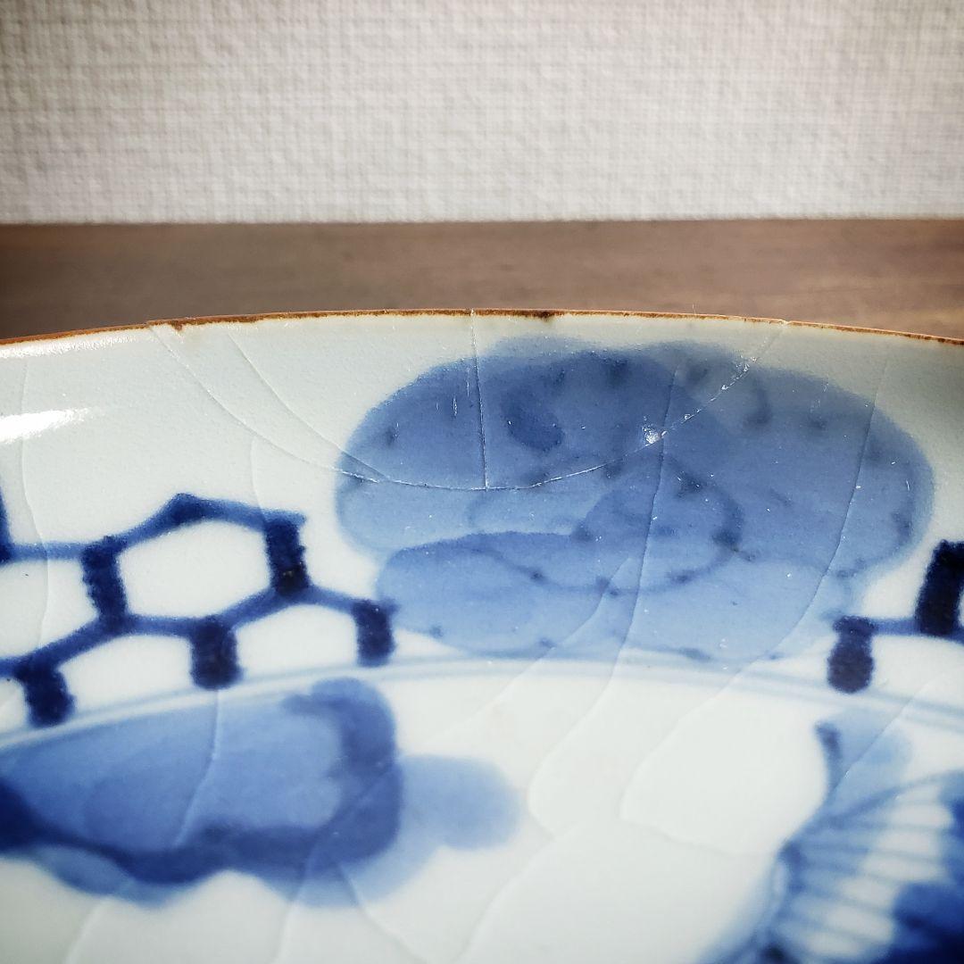 皿　染付　獅子　古伊万里　亀甲　牡丹　薊文様　江戸　訳あり　欠け直し