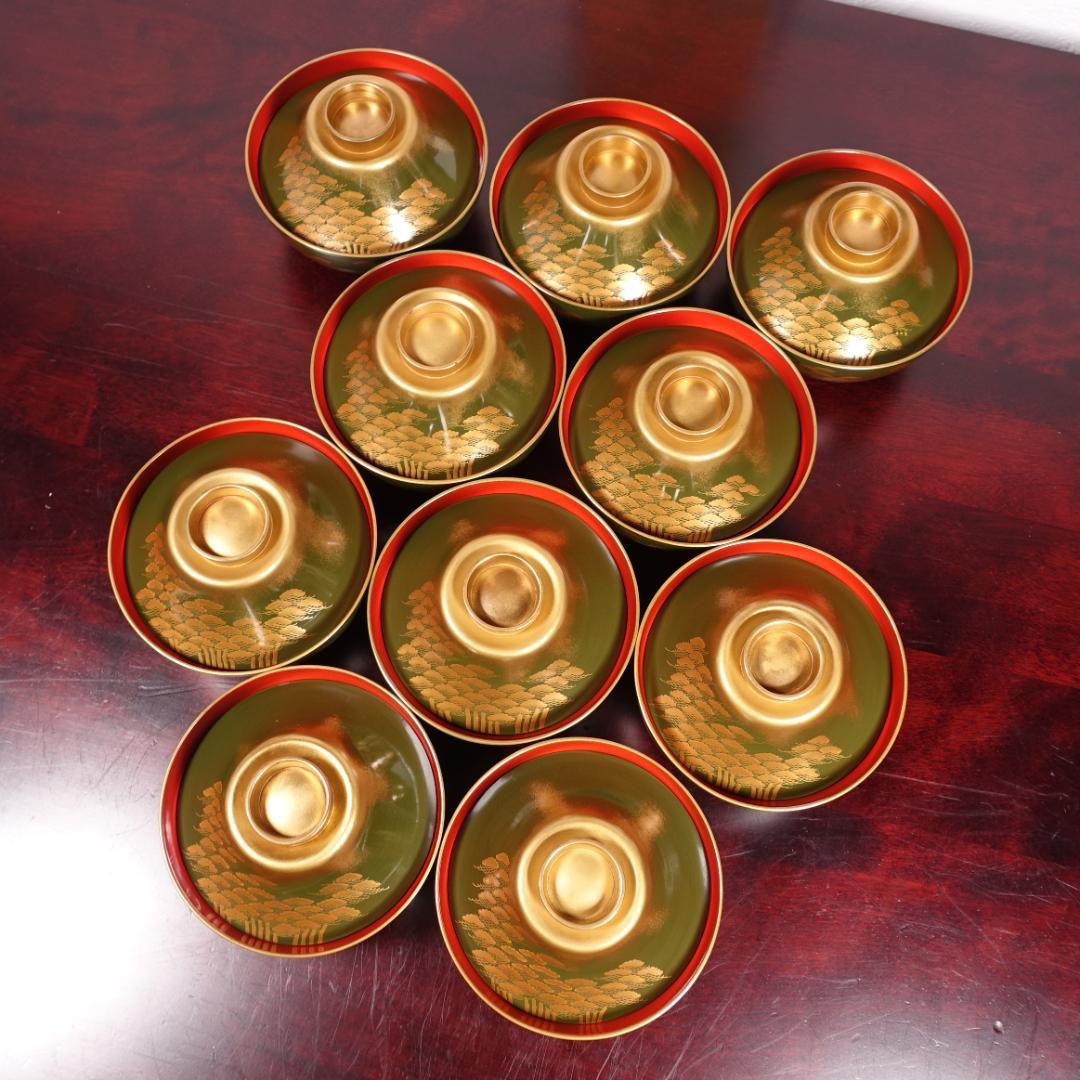 江戸時代後期の蒔絵師 橘屋浅野友七 一富士二鷹三茄子図 蒔絵 吸物椀 10客