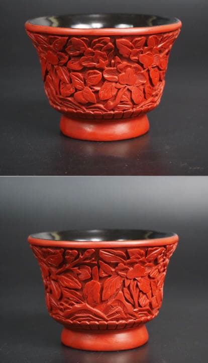 送料無料　60-70年代 北京彫漆場精製 堆朱煎茶碗5客 ★珍品★