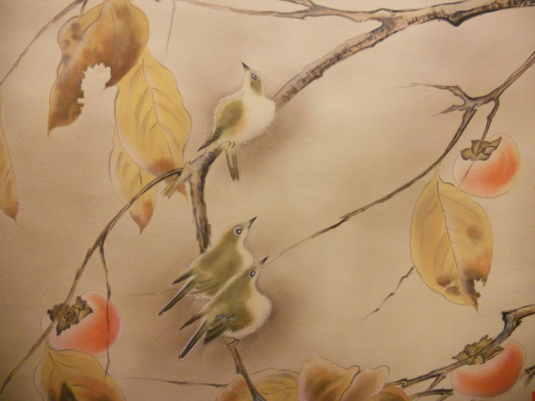 掛け軸 林萬城 『 柿に目白 』 絹本 希少 軸装 茶道具 掛軸 美品 です。